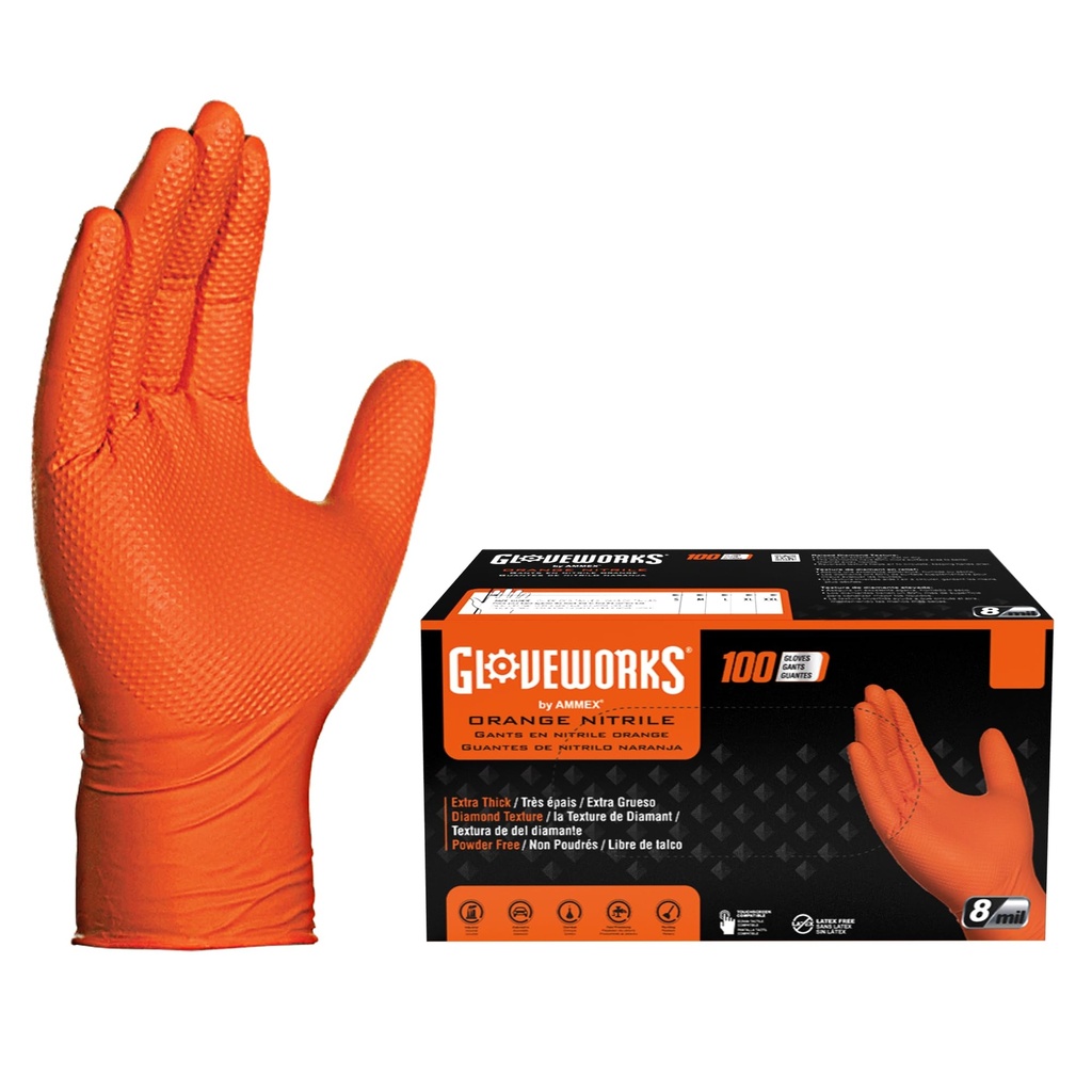 FLA-AMX-GWON46100#B Gloveworks HD Orange Nitrile PF Gloves LRG 100/box