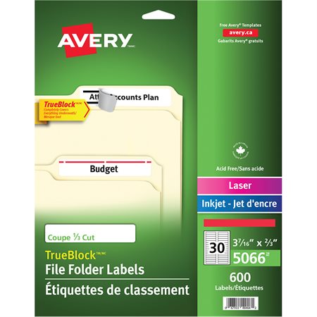 HBI-AVE05066 Avery TrueBlock Filing Labels  Laser and Inkjet Red (600 Labels)- 20 sheets/pkg