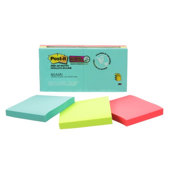 HBI-MMM49594 Post it Super Sticky Pop Up Notes, Miami, 3x3 - 90 sheets per pad