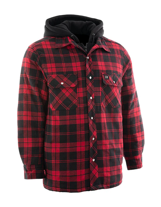 LAT-024-LC696QHR-S Red Hooded Plaid Quilt-Lined Flannel Shirt Jacket Small